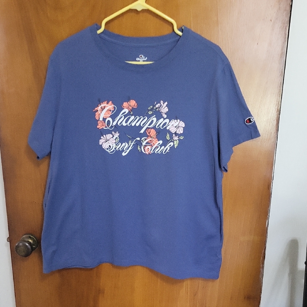 Womens Size Xl- Champion Brand Floral Script Tee in Periwinkle Blue